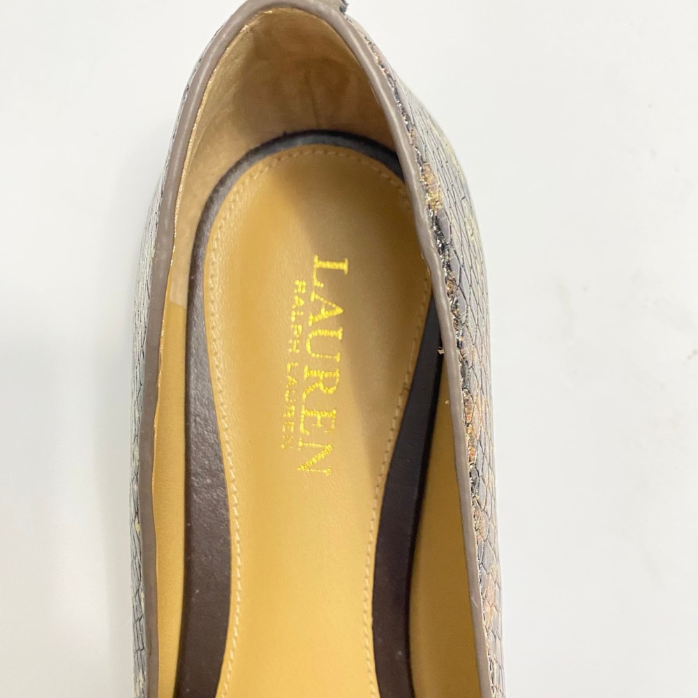 Lauren Ralph Lauren Preppy Snakeskin Flats Womens 9.5 Brown Pointed Toe Logo - Picture 5 of 8